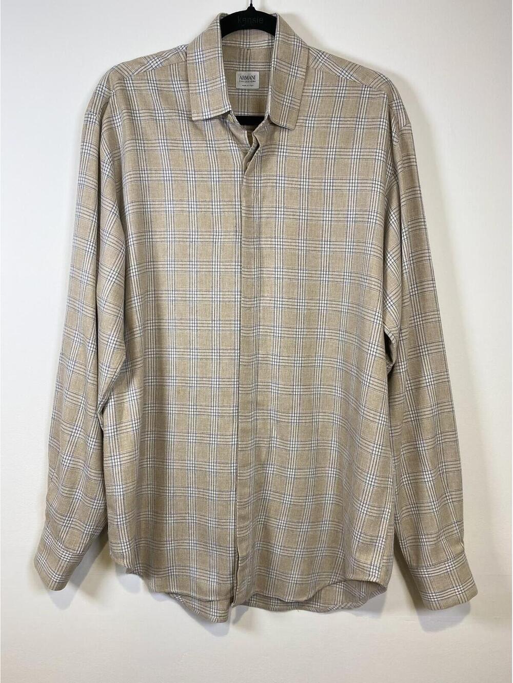 Armani Collezioni Men's Beige Plaid Button-Up Shirt Size M